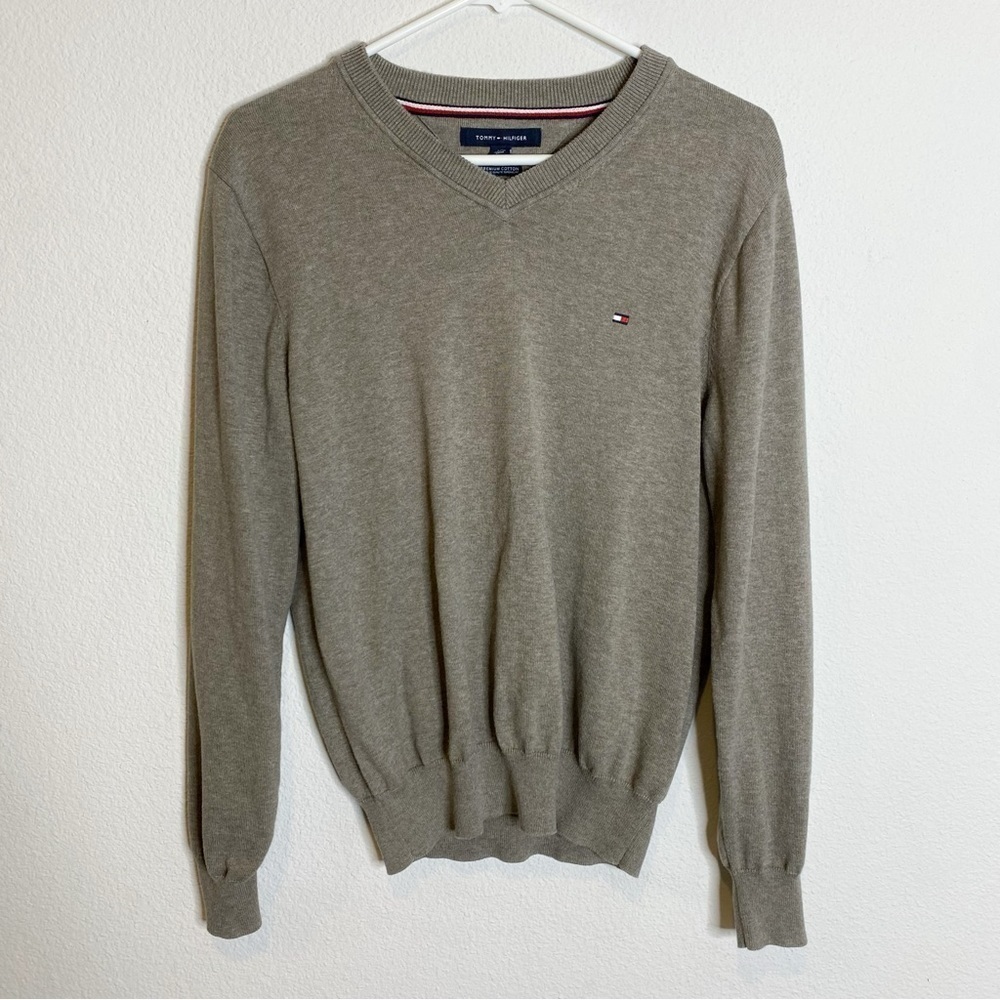 Tommy Hilfiger premium cotton brown gray v-neck sweater size small